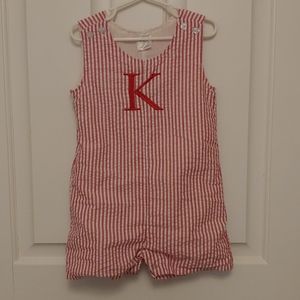 Red and white seersucker Jon Jon momogramed K
